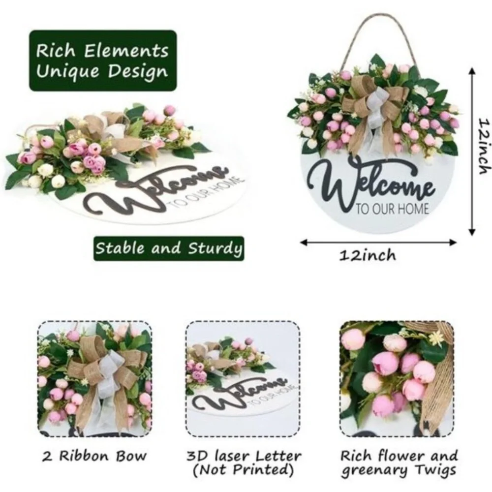 3D Spring Summer Welcome Wreaths for Front Door, Pink Flower Wreath -12